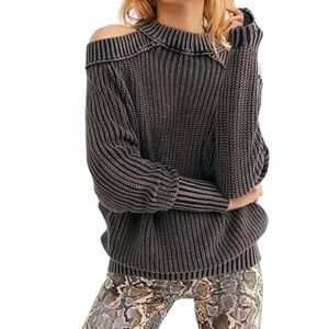Free People Moon Bay‎ Washed Black Open Shoulder Open Back Sweater Woman's XS